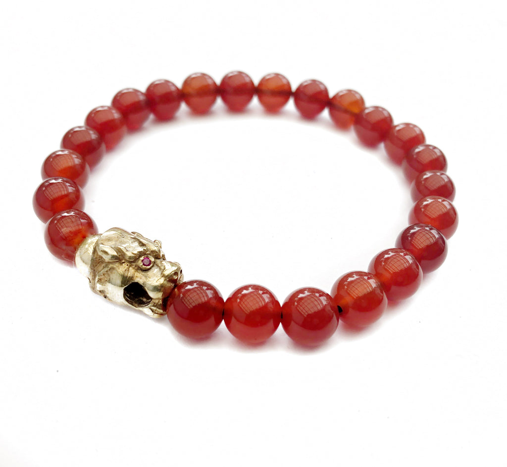 Red Strip Agate Bracelet With Silver Plated Lion Head, Stretchy